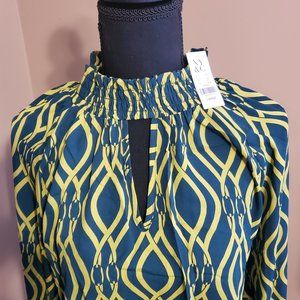 Ladies size L Abstract-Print Smocked mock-neck blouse